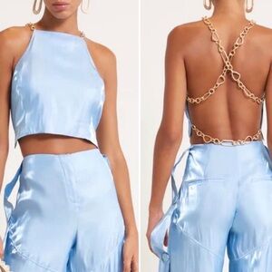 Cult Gaia Joey Top in Ice Blue Open Back Chain Satin Crop Top Size M